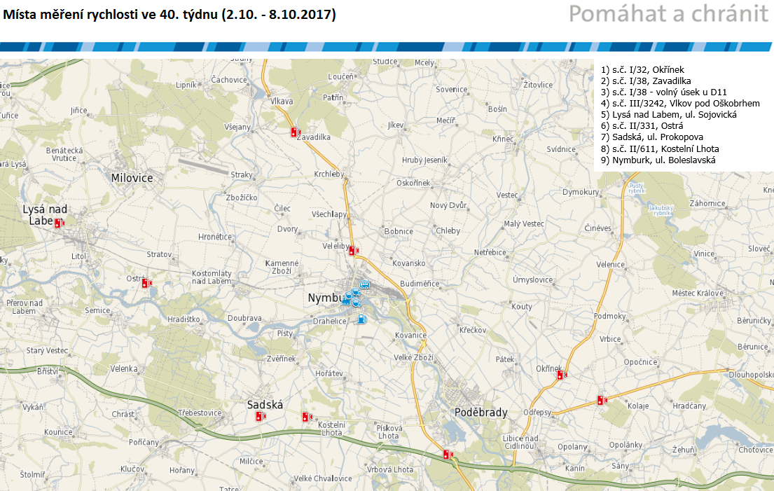 Mapa míst měření rychlosti na 40. týden